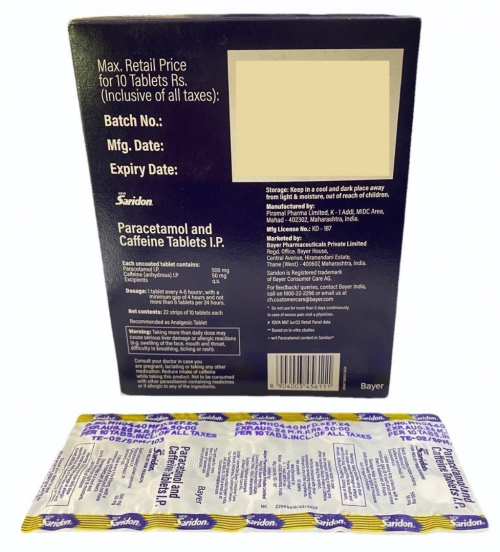 SARIDON 22X10TAB (Paracetamol IP 500mg, Caffeine (anhydrous) IP 50mg) 2